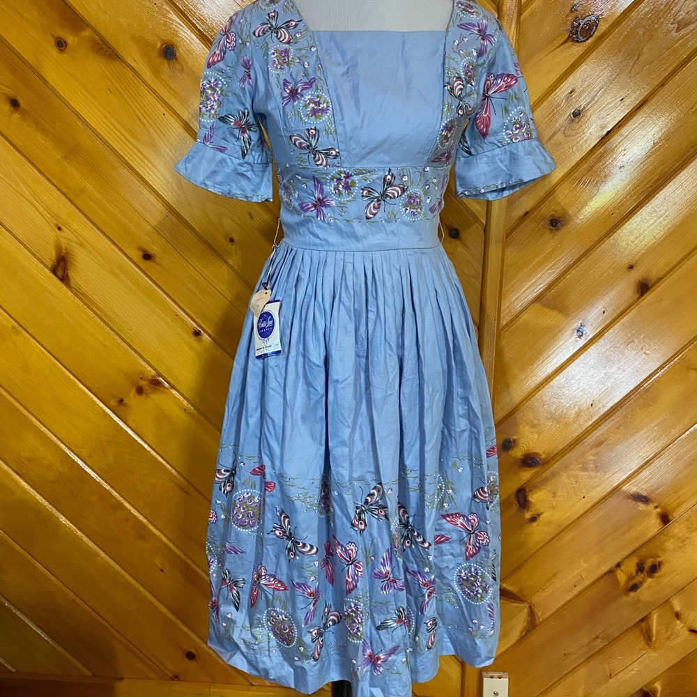 Vintage 1950s NWT Prentiss Lane Dorothy Burns Butterfly Floral Dress 11 ILGWU - Picture 2 of 13